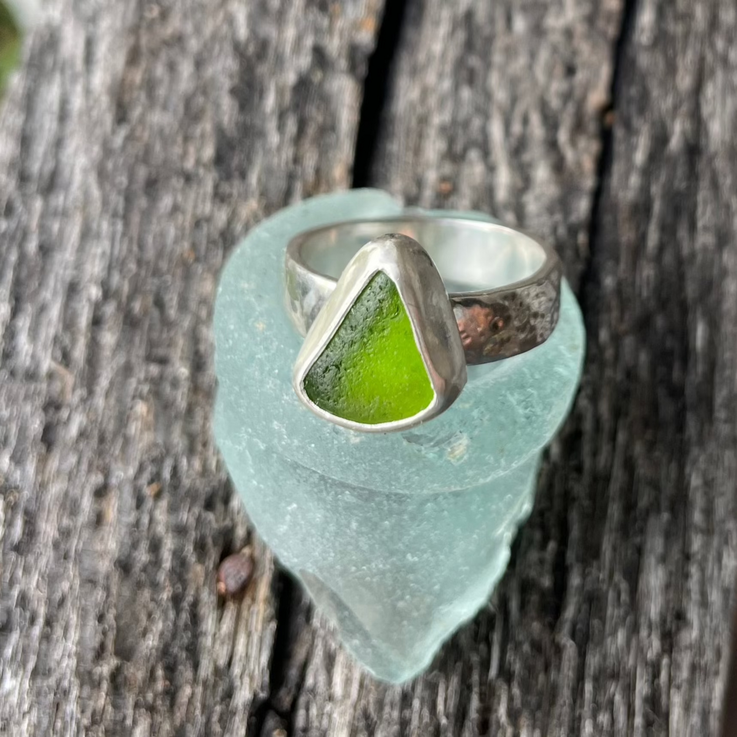 Lime Green Hammered Sea Glass Ring - Size 7.5