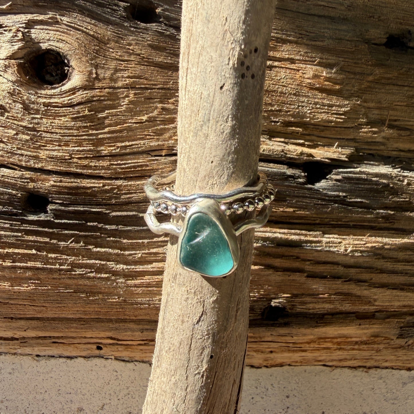 Teal Blue Green Sea Glass Stacking Rings - Size 6