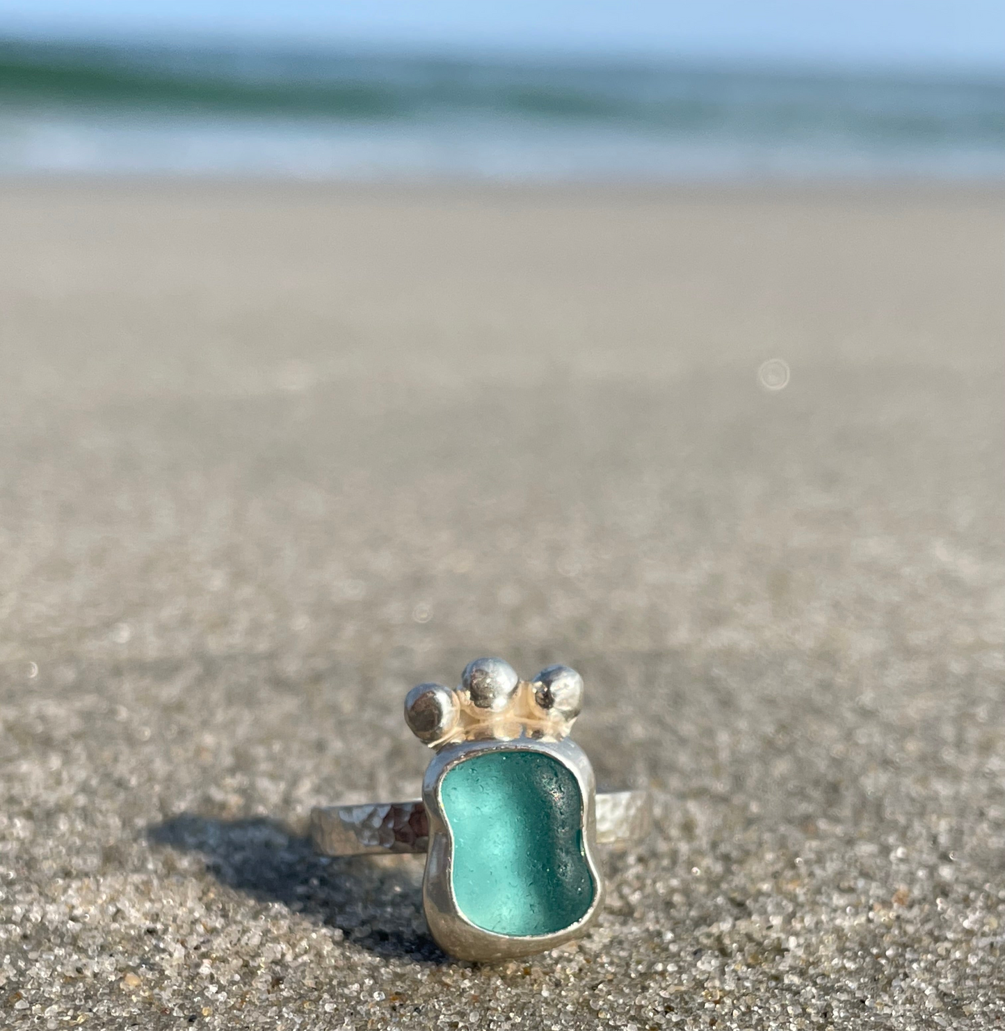 Teal Blue Sea Glass Ring - Size 8.75