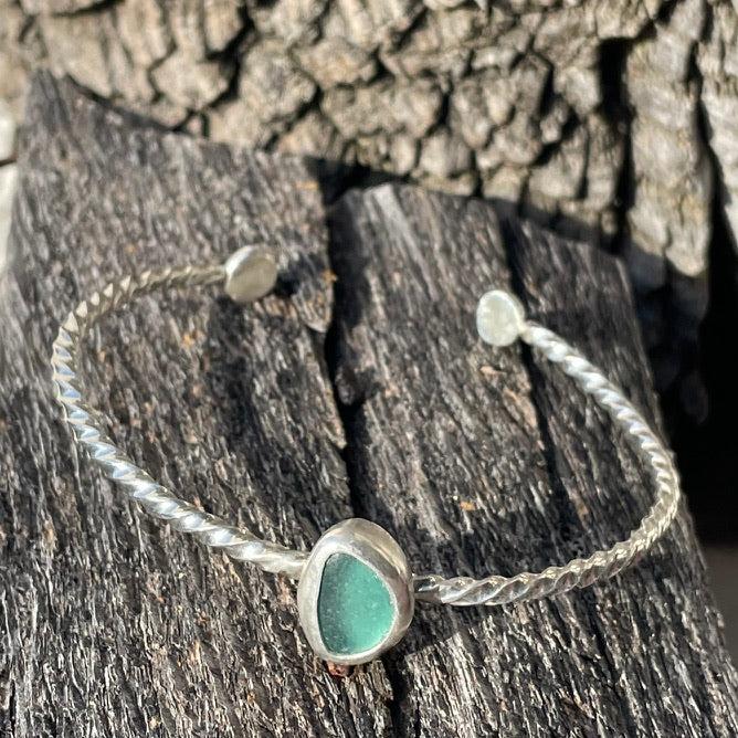 Teal Blue Twisted Sea Glass Cuff Bracelet
