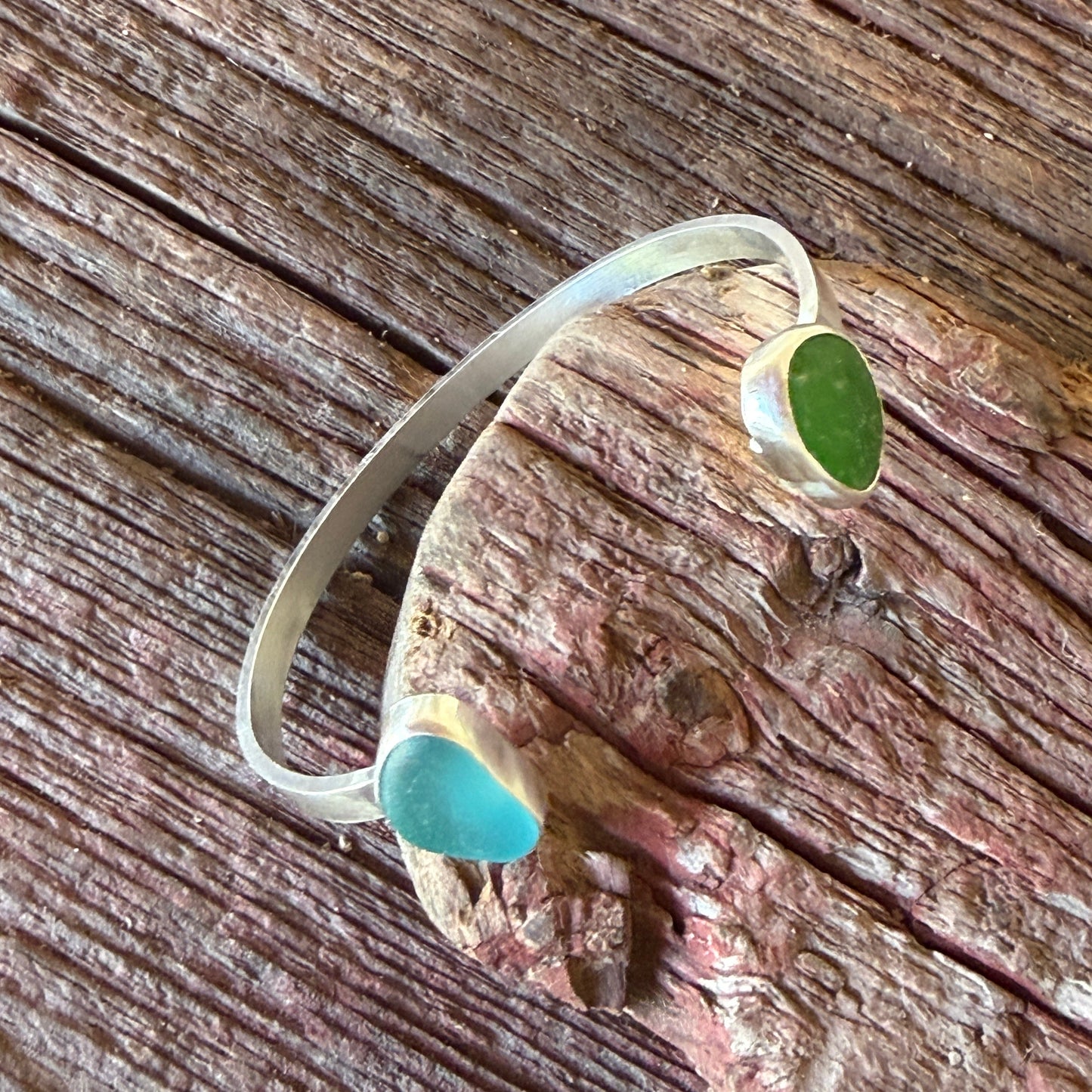 Teal Blue Sea Glass and Kelly Green Sea Glass Double Cuff