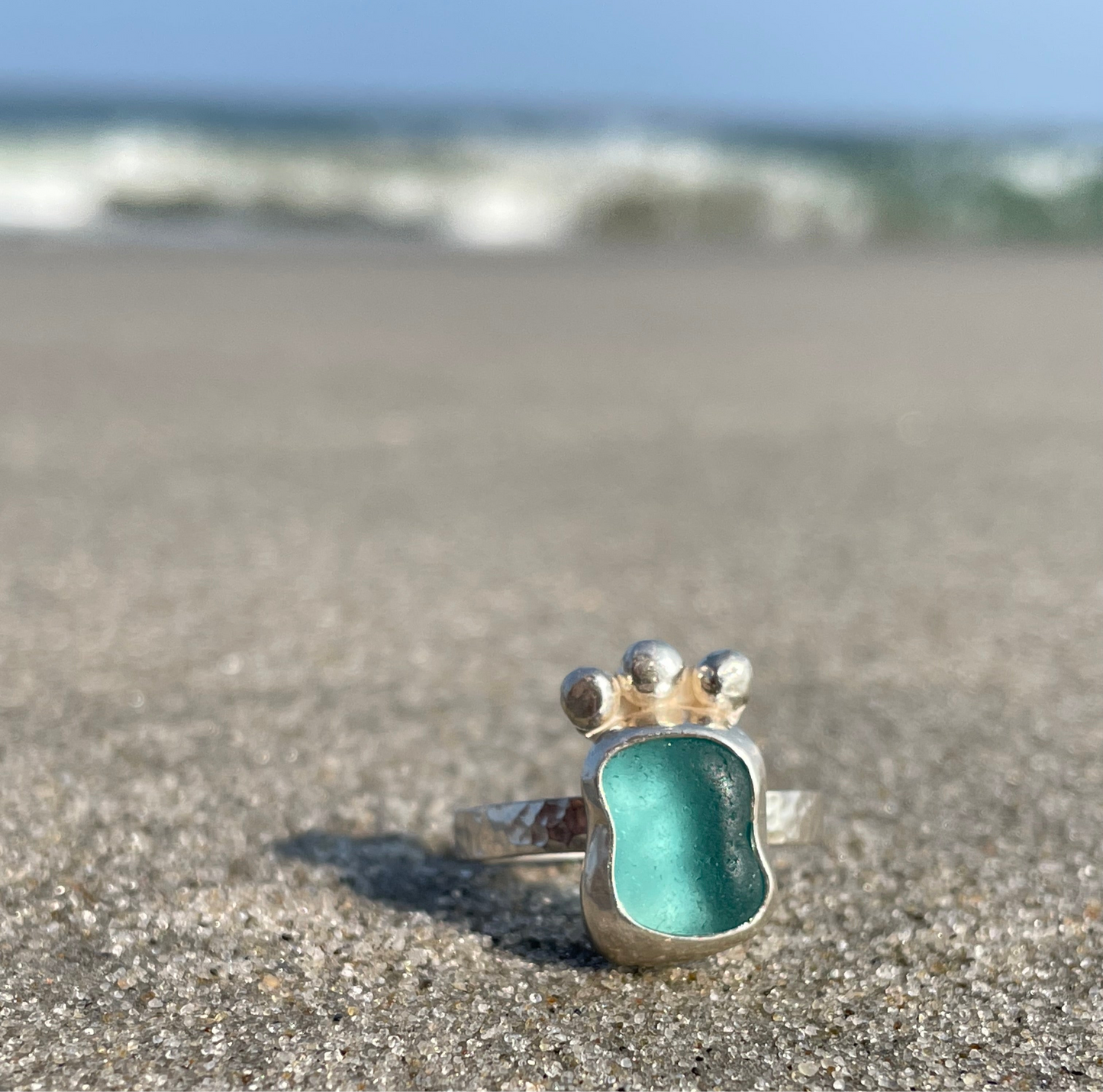 Teal Blue Sea Glass Ring - Size 8.75