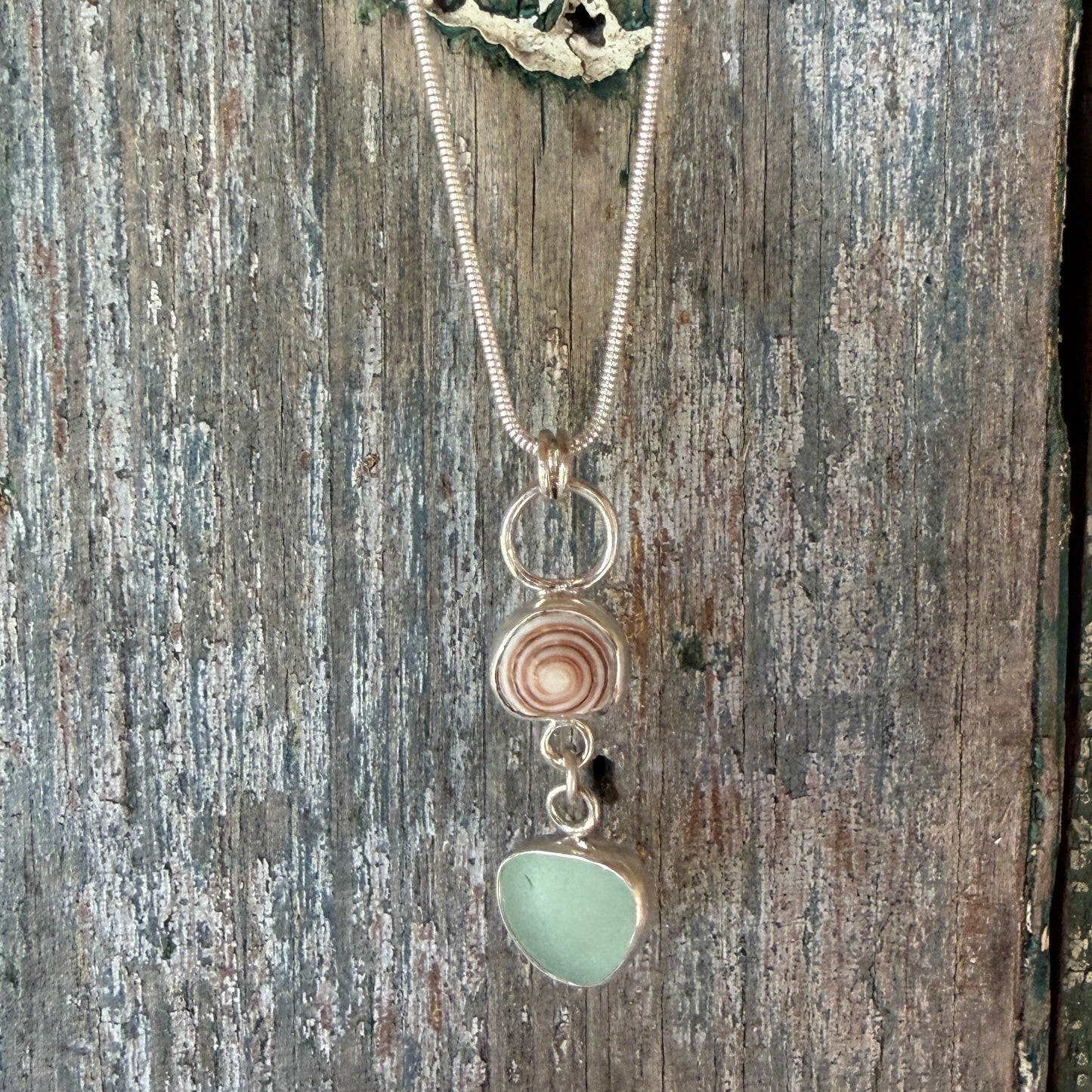 Shell top and Sea Foam Green Sea Glass Dangle Pendant