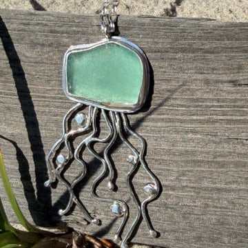 Light Aquamarine Sea Glass Jellyfish Pendant