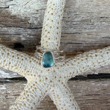 Teal Blue Sea Glass Stacking Rings - Size 3.5