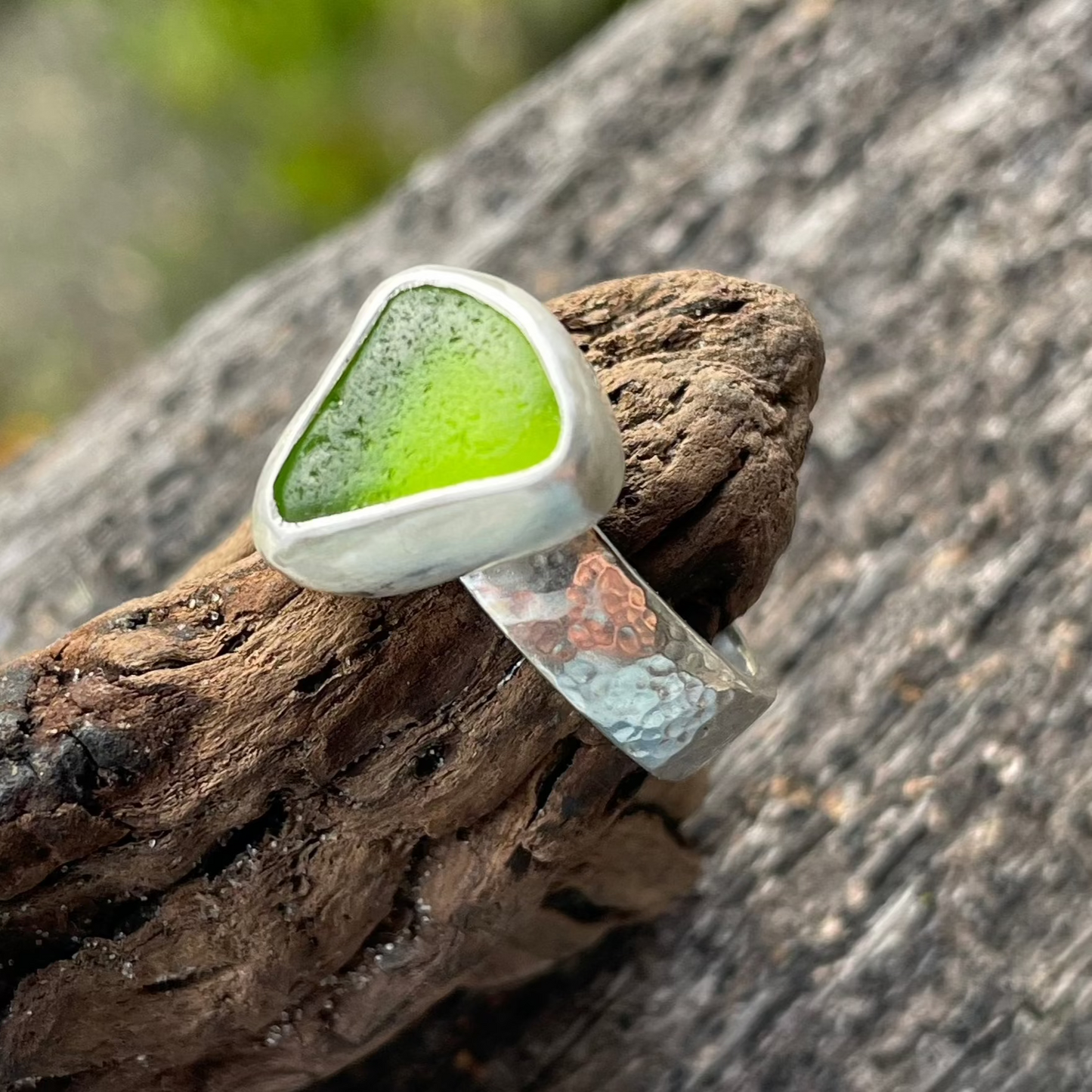 Lime Green Hammered Sea Glass Ring - Size 7.5