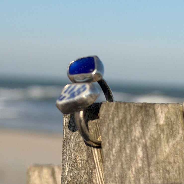 Cobalt Blue Sea Glass and Blue Sea Pottery Adjustable Ring -Size 7