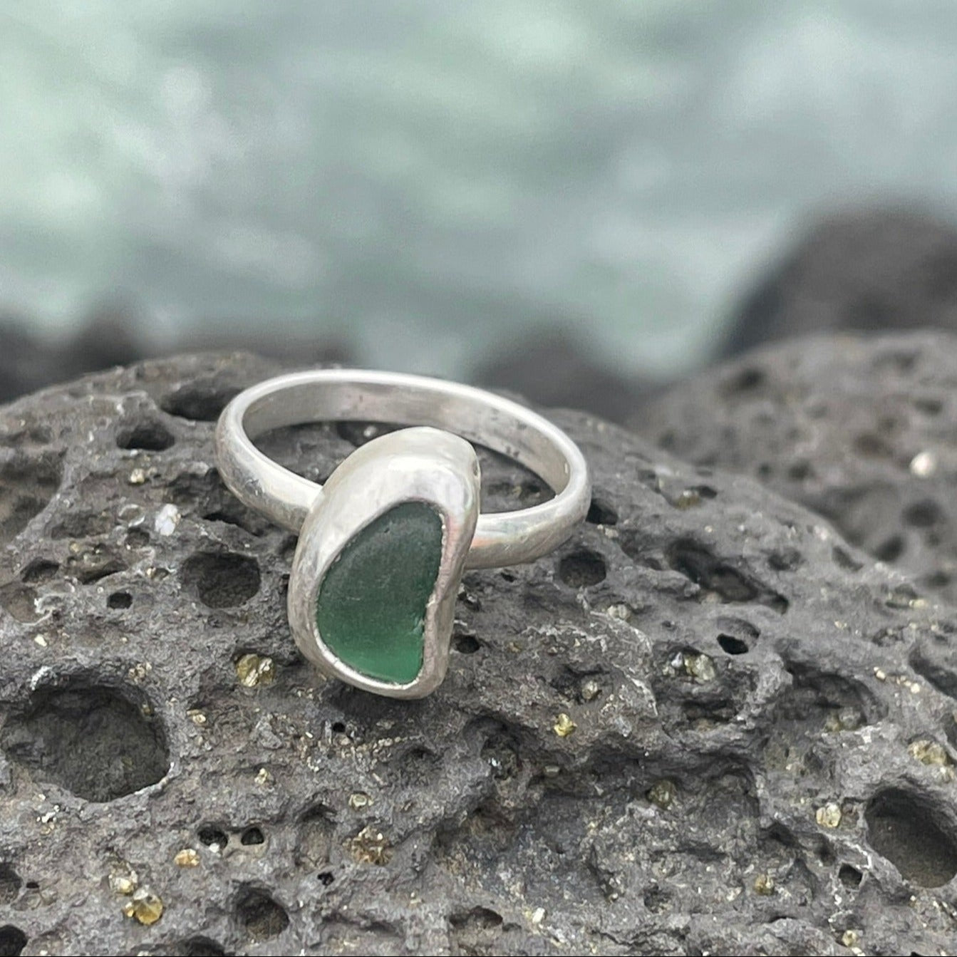 Teal Green Sea Glass Ring - Size 5