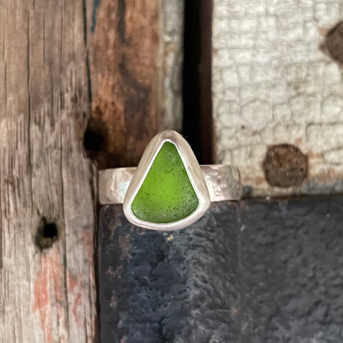 Lime Green Hammered Sea Glass Ring - Size 7.5