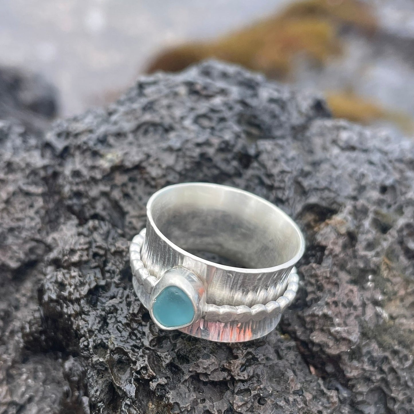Sky Blue Sea Glass Spinner Ring - size 8.25