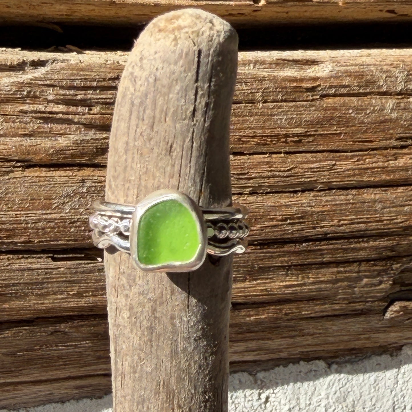 Lime Green Sea Glass Stacking Rings - Size 5