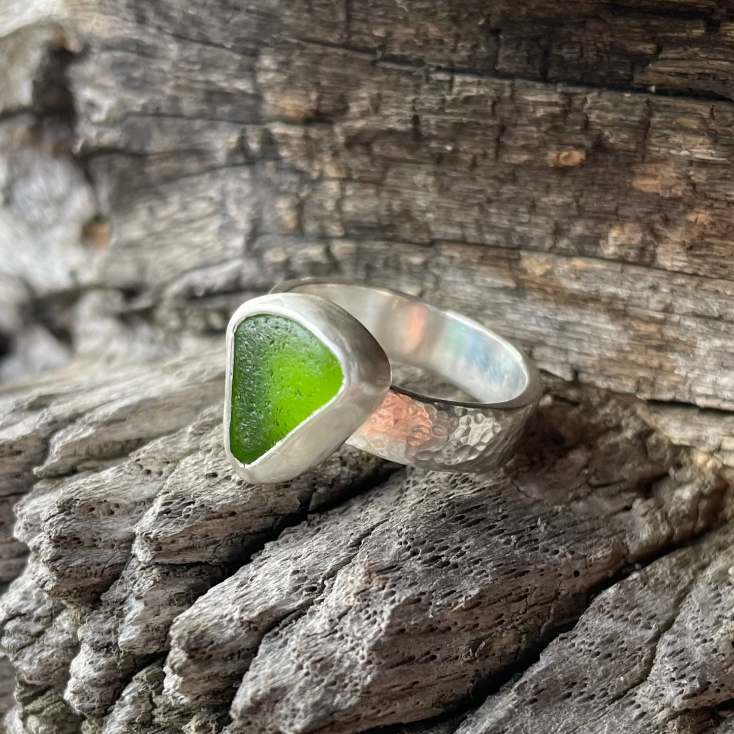 Lime Green Hammered Sea Glass Ring - Size 7.5
