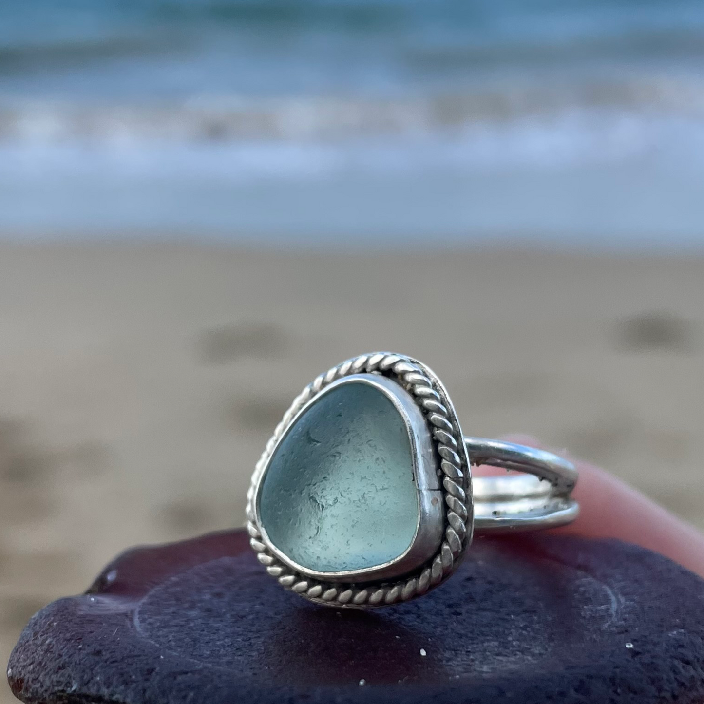Light Aquamarine Double Shank Sea Glass Ring - Size 7