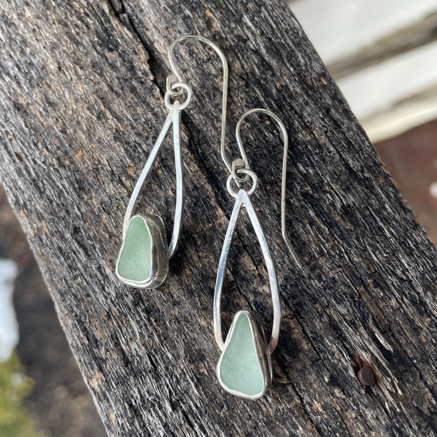 Sea Foam Green Sea Glass Dangle Teardrop Earrings
