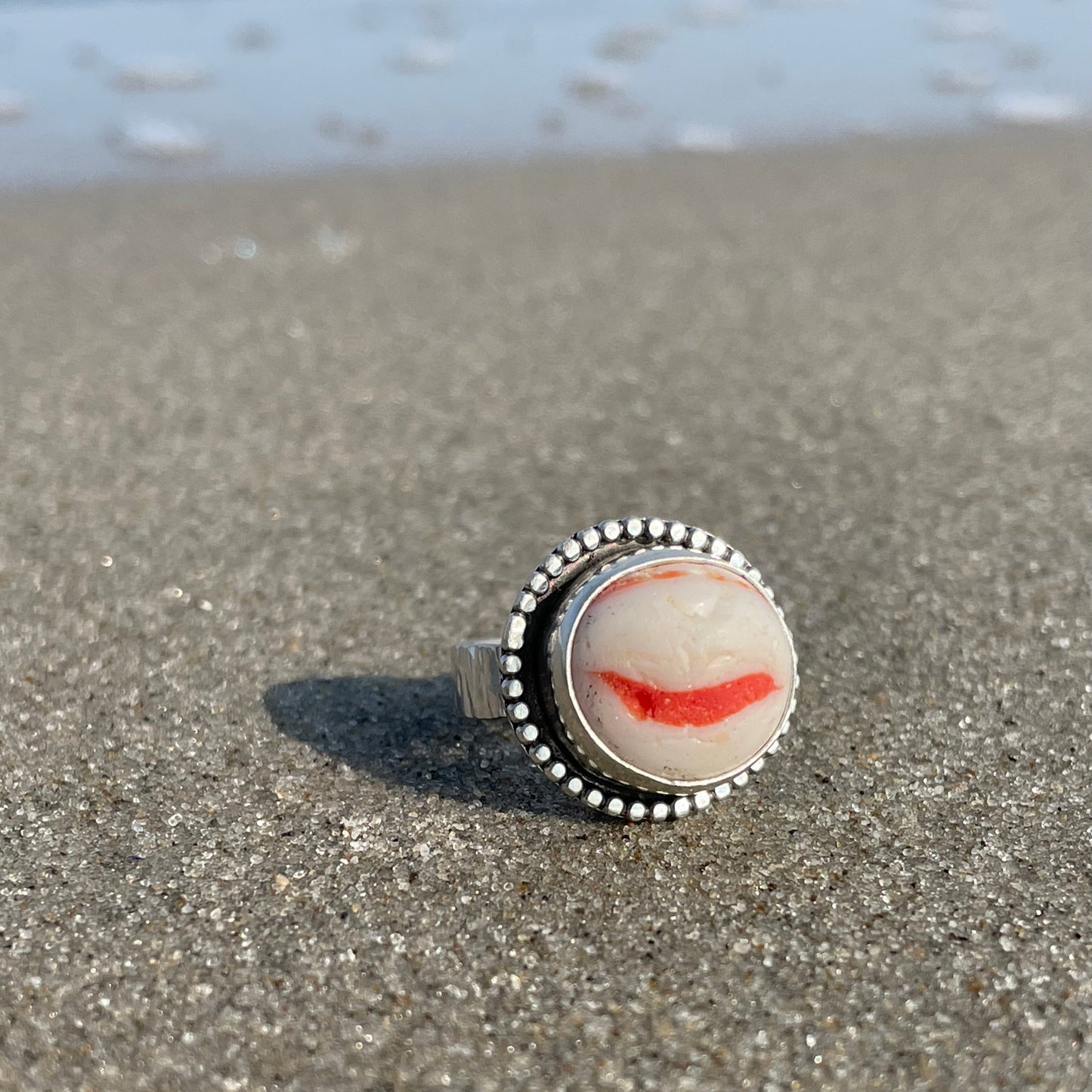 Milky White and Red Sea Glass Marble Ring - Size 8.5
