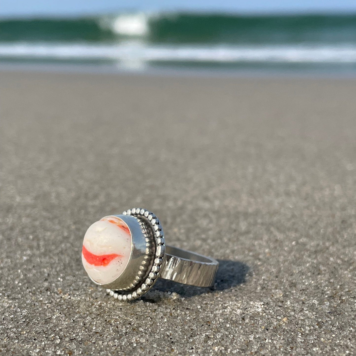 Milky White and Red Sea Glass Marble Ring - Size 8.5