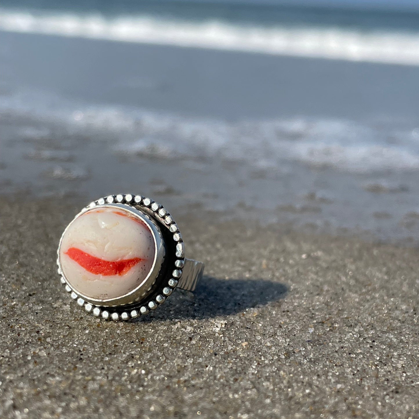 Milky White and Red Sea Glass Marble Ring - Size 8.5