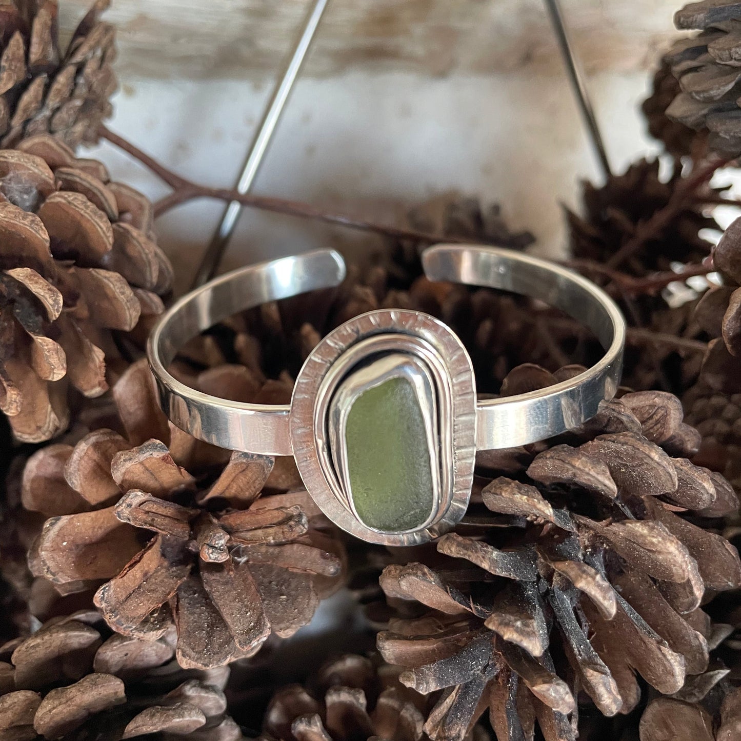 Moss Green Sea Glass Cuff Bracelet