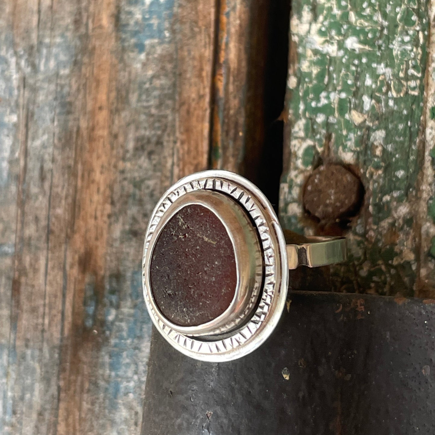 Rustic Dark Amber Sea Glass Ring - Size 11.25