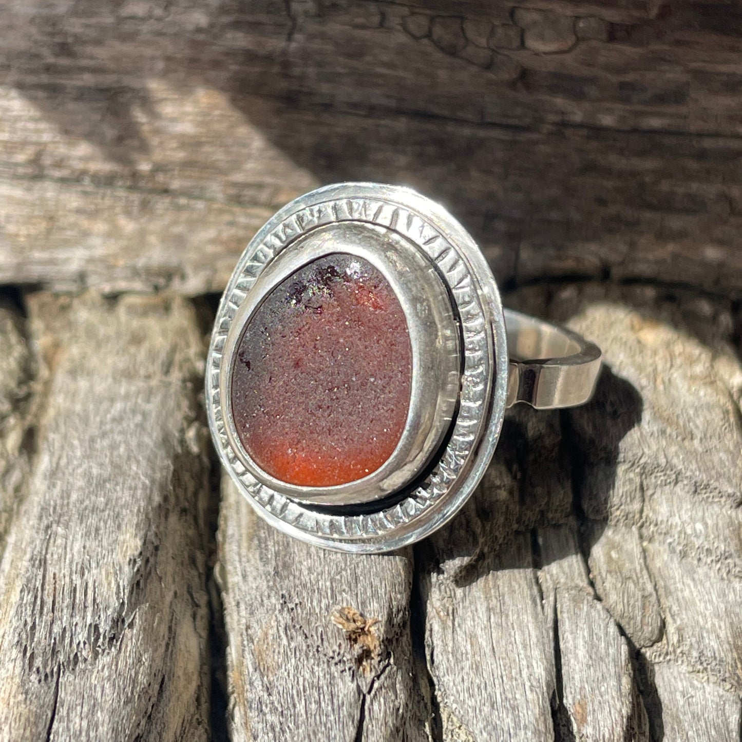 Rustic Dark Amber Sea Glass Ring - Size 11.25