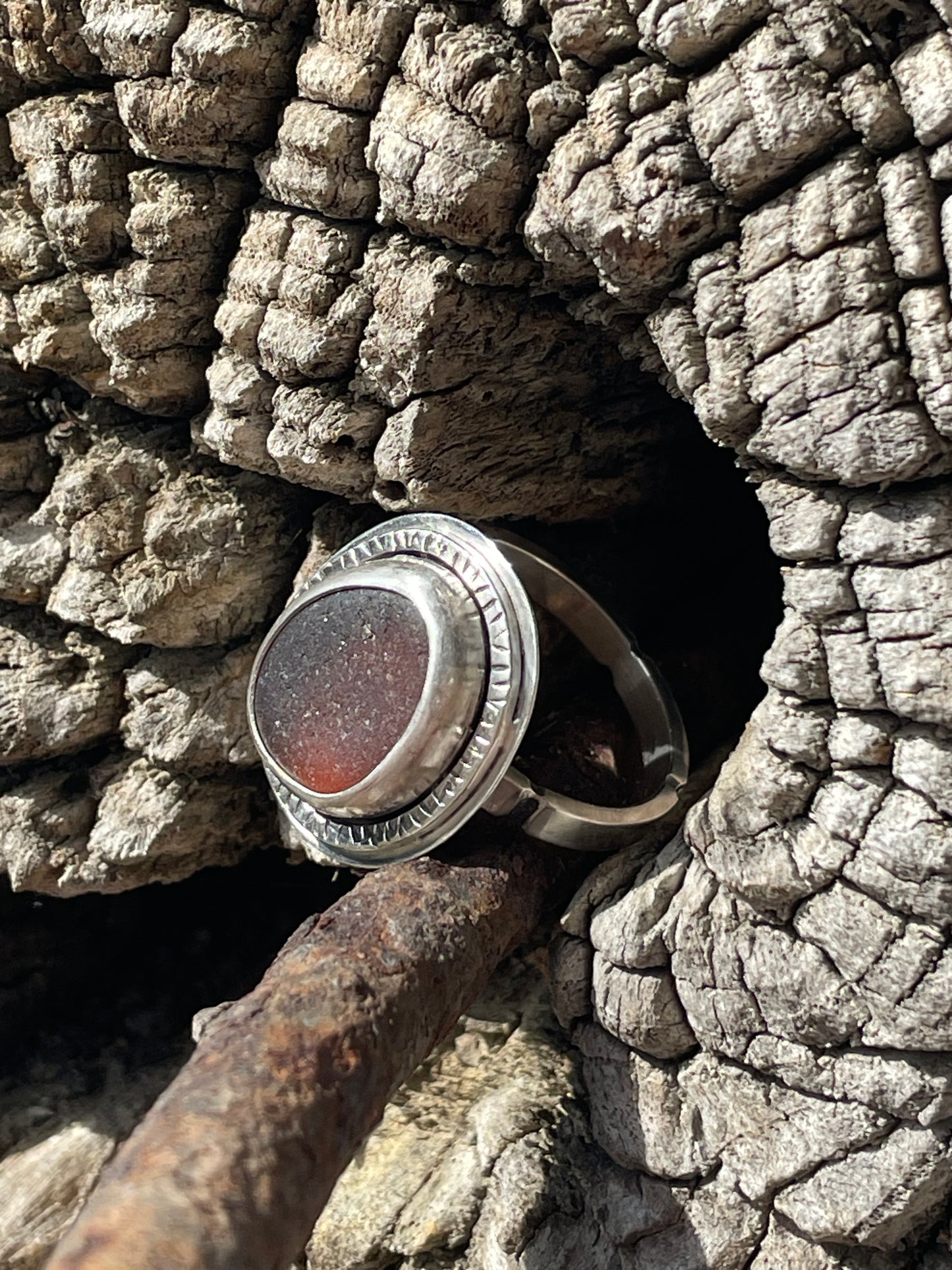 Rustic Dark Amber Sea Glass Ring - Size 11.25
