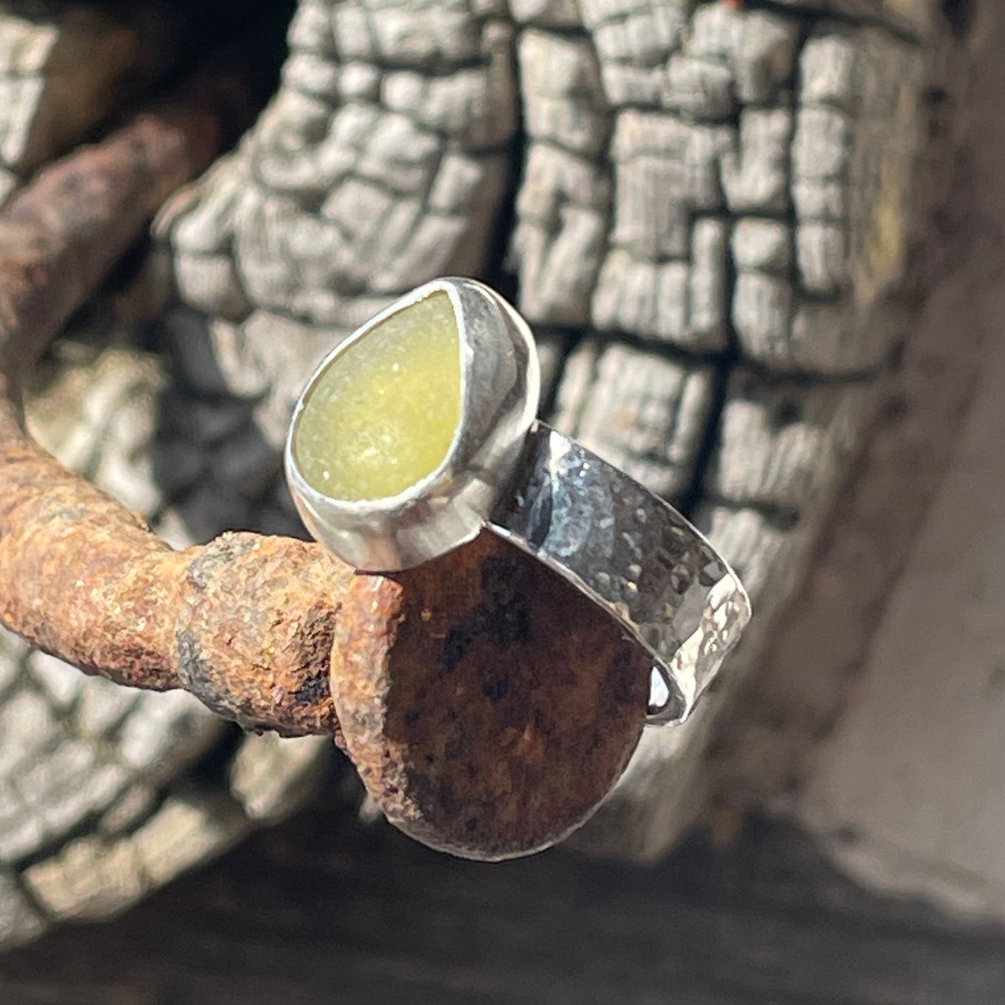 Chunky Olive Yellow Sea Glass Ring - Size 9