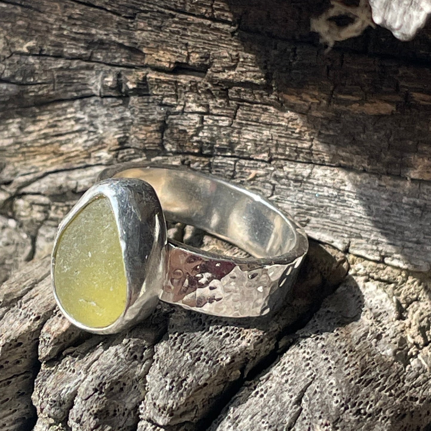 Chunky Olive Yellow Sea Glass Ring - Size 9