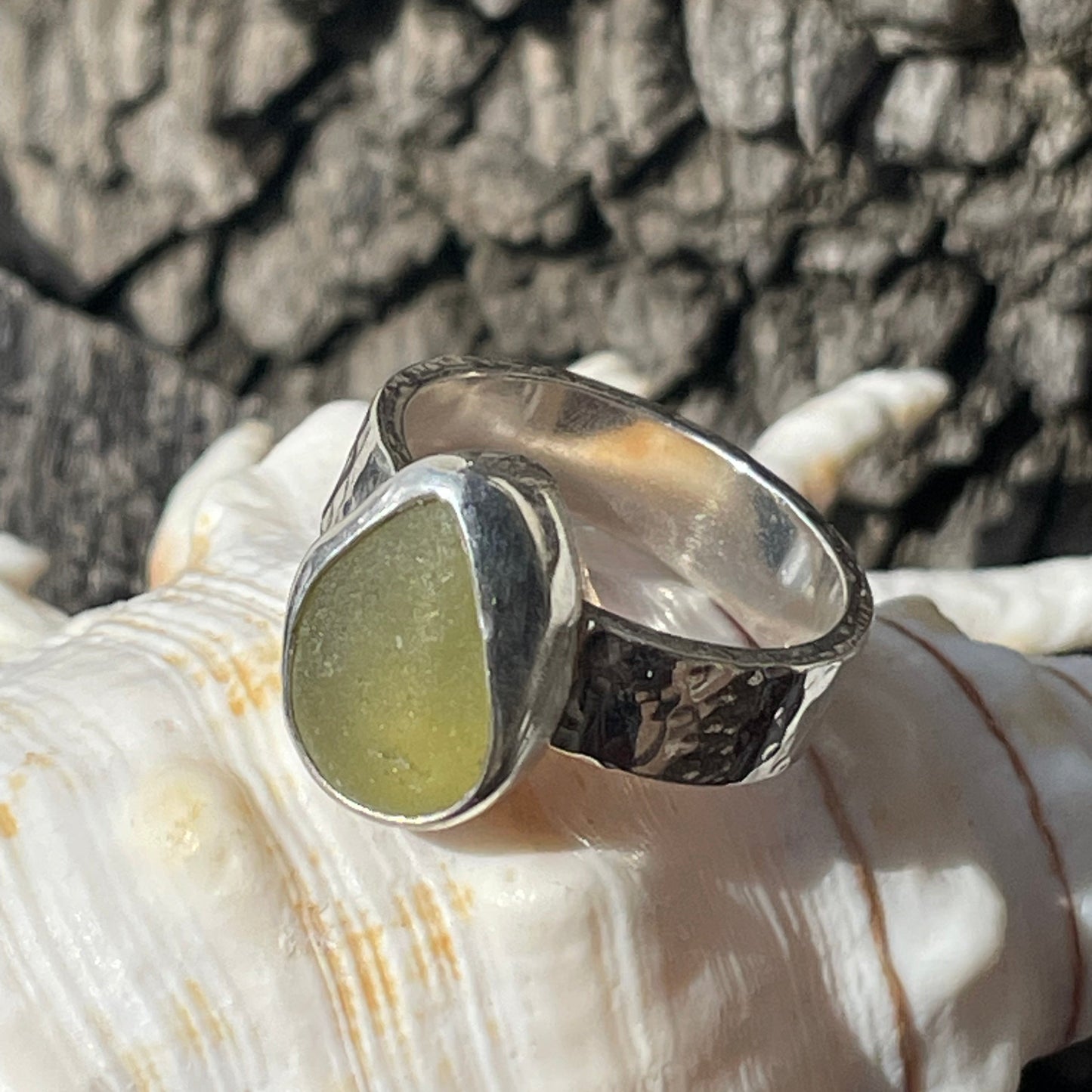 Chunky Olive Yellow Sea Glass Ring - Size 9