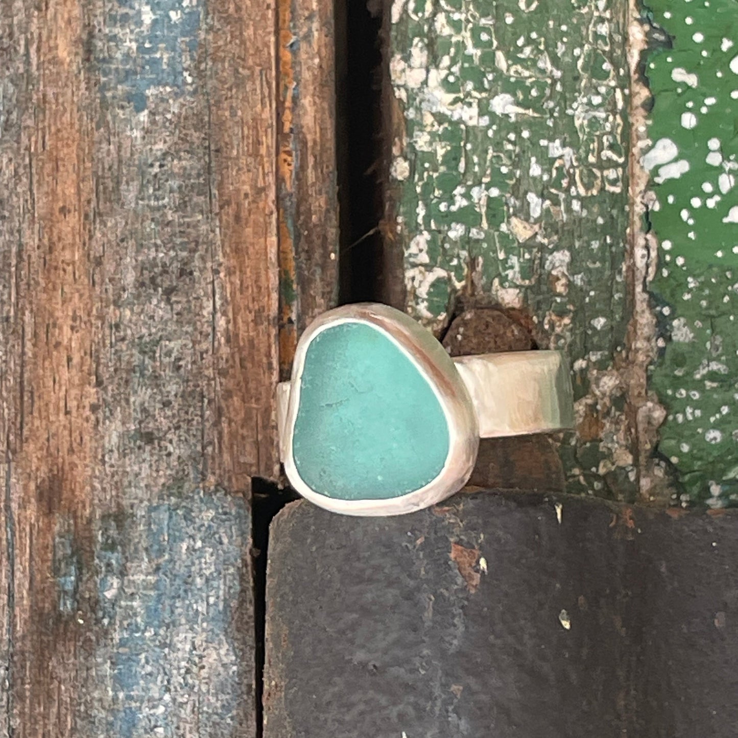 Chunky Teal Blue Sea Glass Ring - Size 9