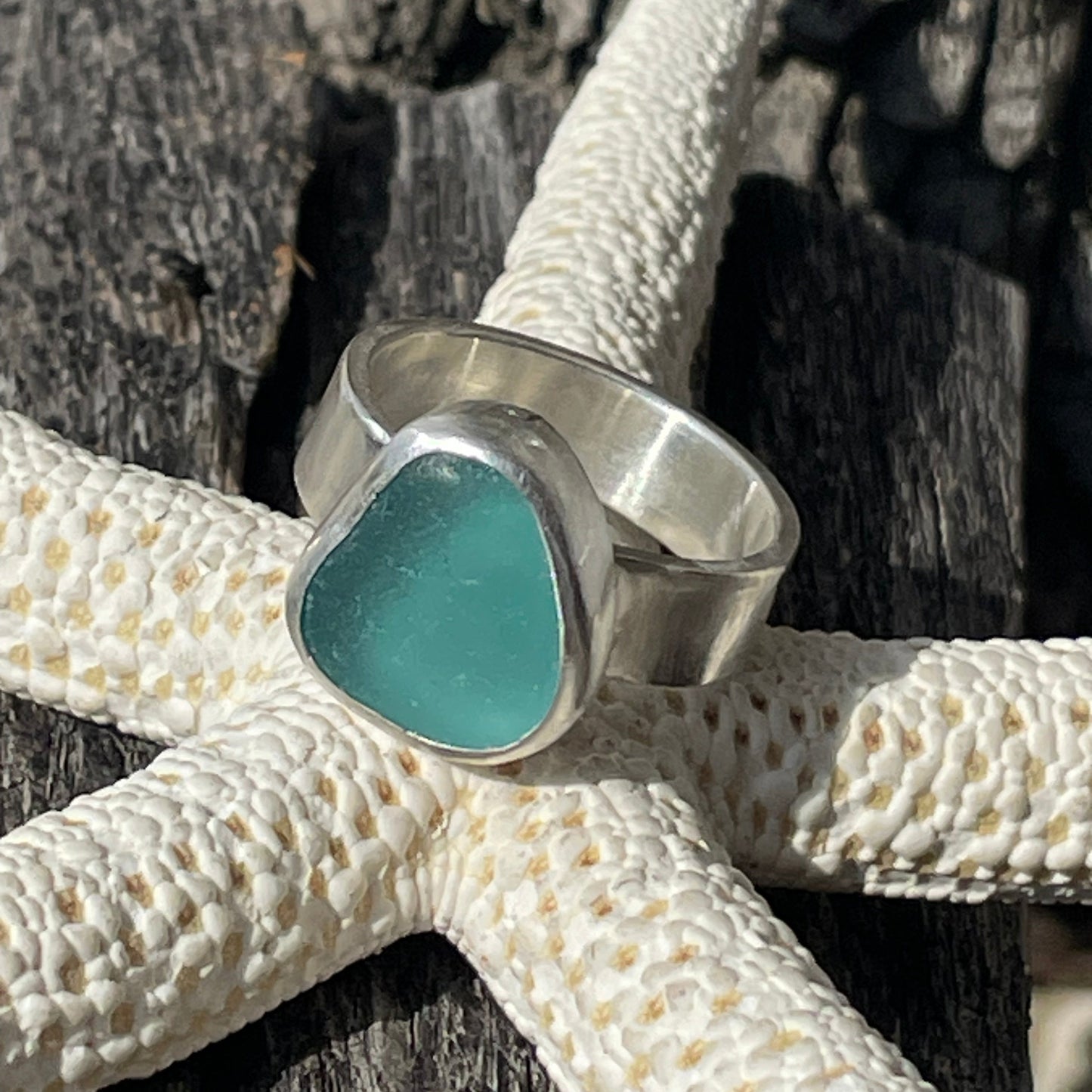 Chunky Teal Blue Sea Glass Ring - Size 9