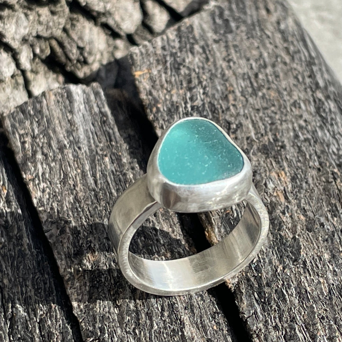 Chunky Teal Blue Sea Glass Ring - Size 9