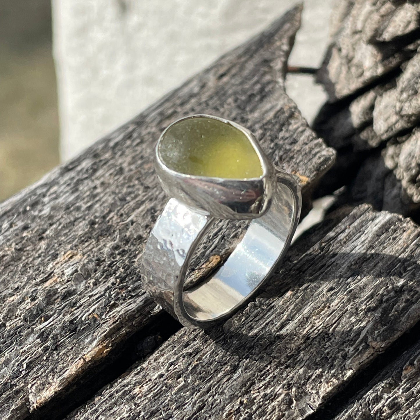 Chunky Olive Yellow Sea Glass Ring - Size 9