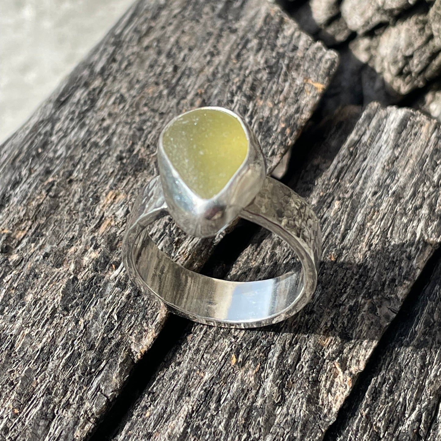 Chunky Olive Yellow Sea Glass Ring - Size 9