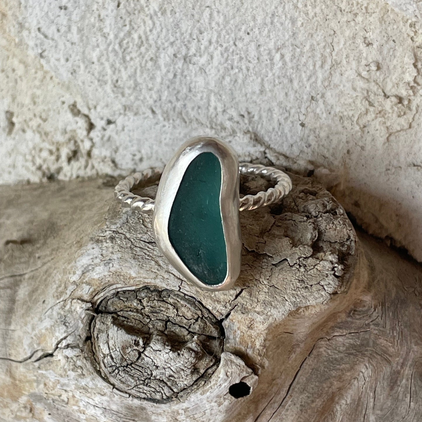 Teal Blue Sea Glass Ring - Size 8