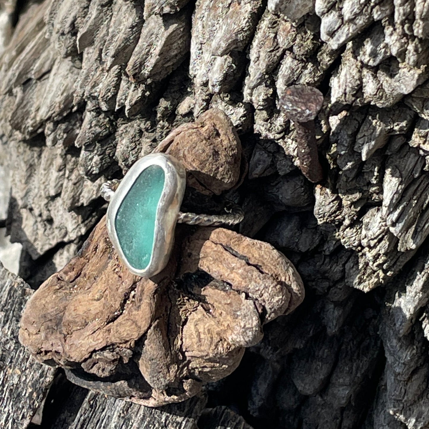 Teal Blue Sea Glass Ring - Size 8