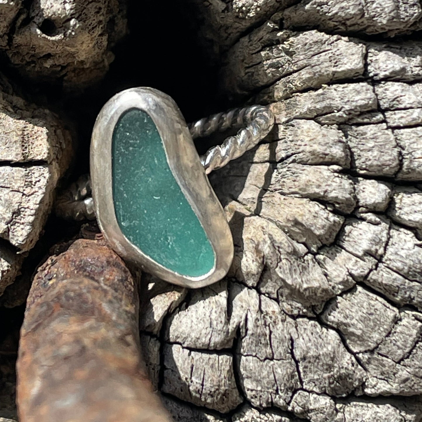 Teal Blue Sea Glass Ring - Size 8