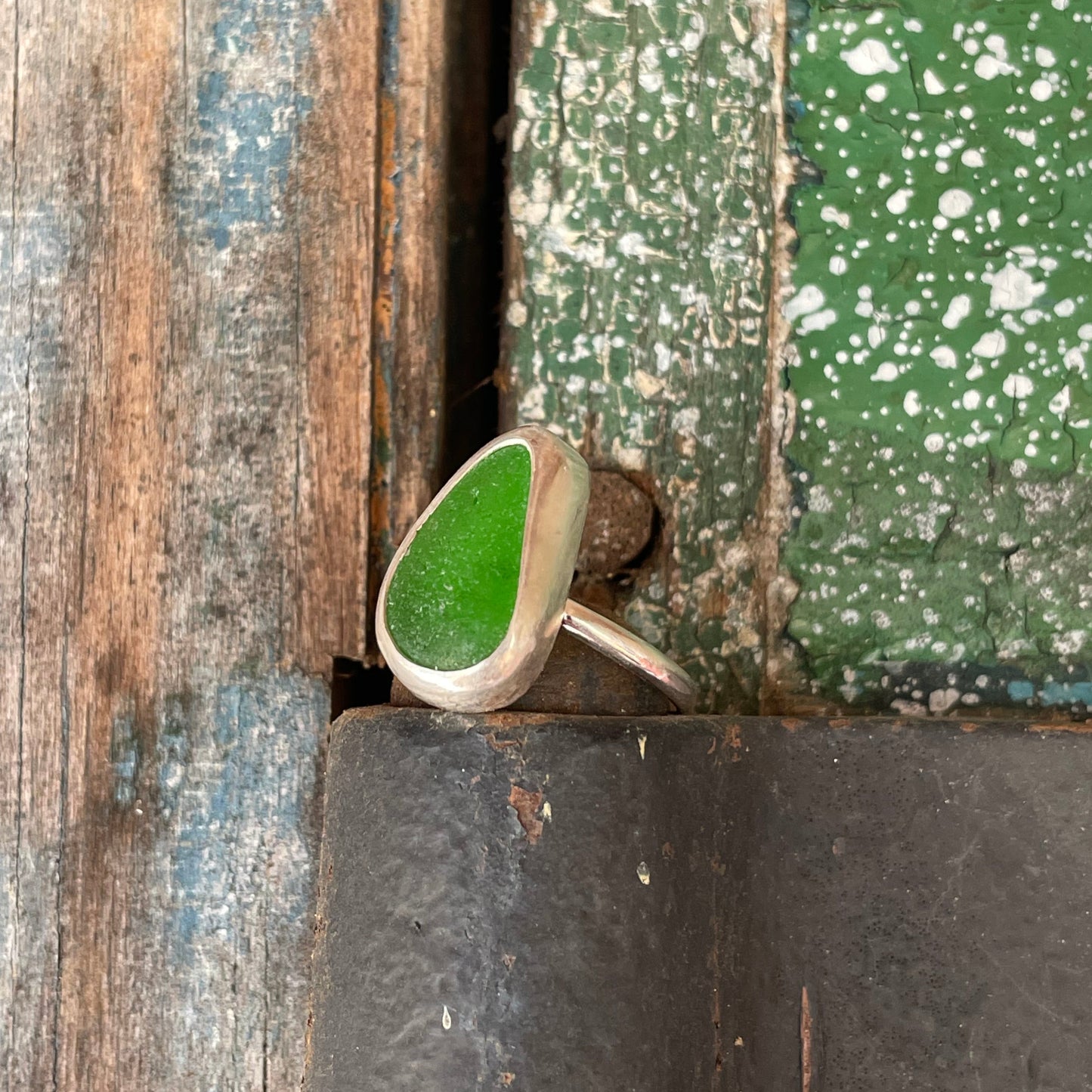Emerald Green Sea Glass Ring - Size 8