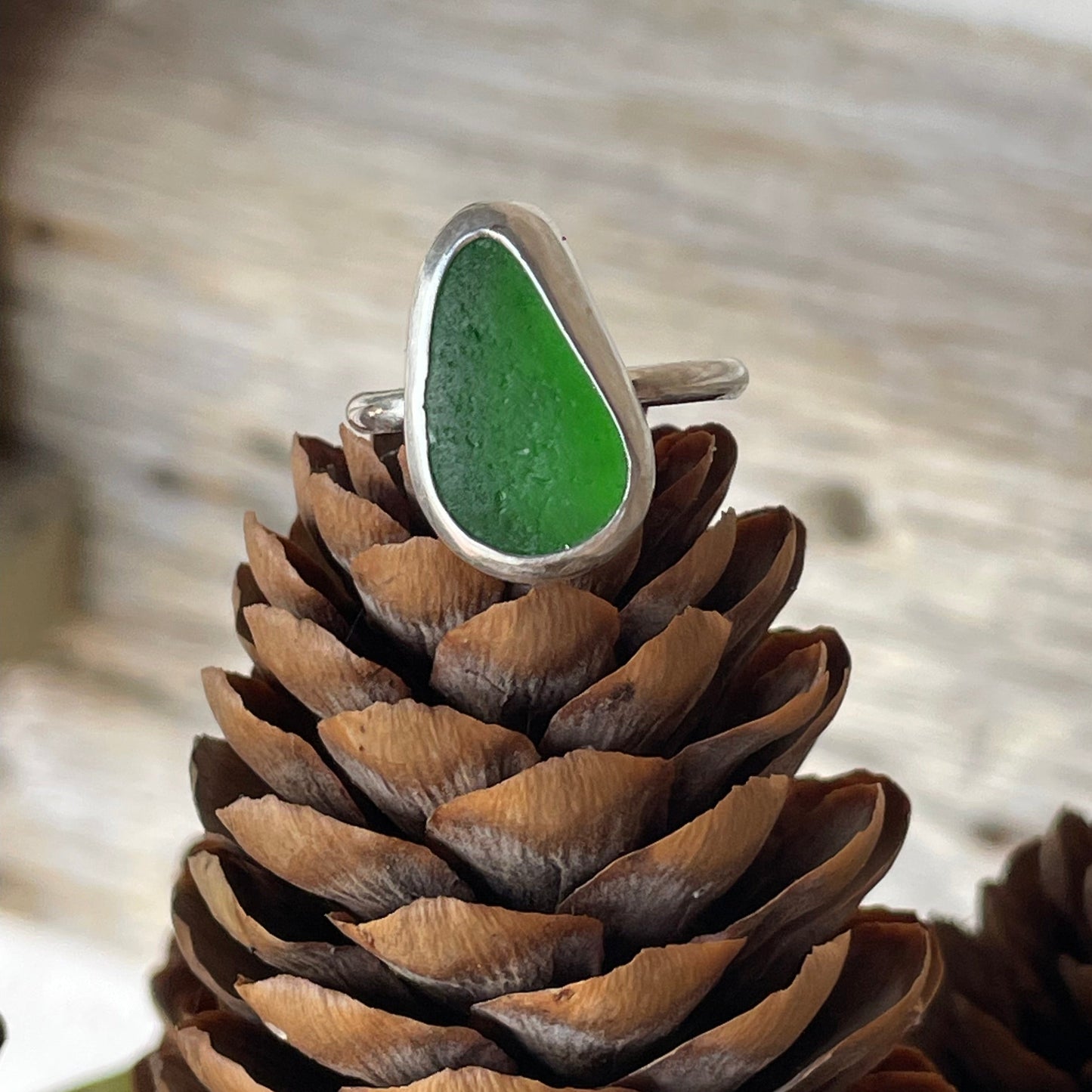 Emerald Green Sea Glass Ring - Size 8