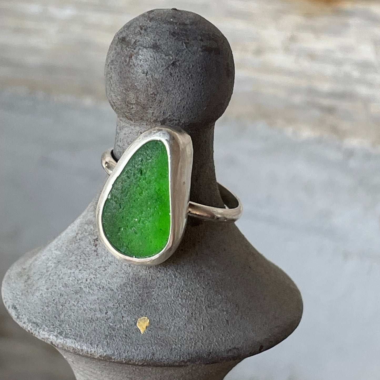 Emerald Green Sea Glass Ring - Size 8