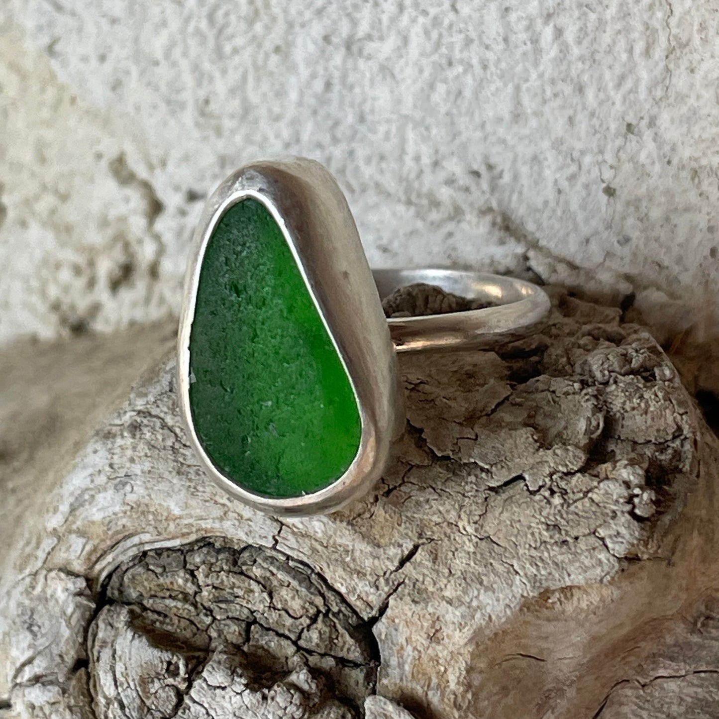 Emerald Green Sea Glass Ring - Size 8