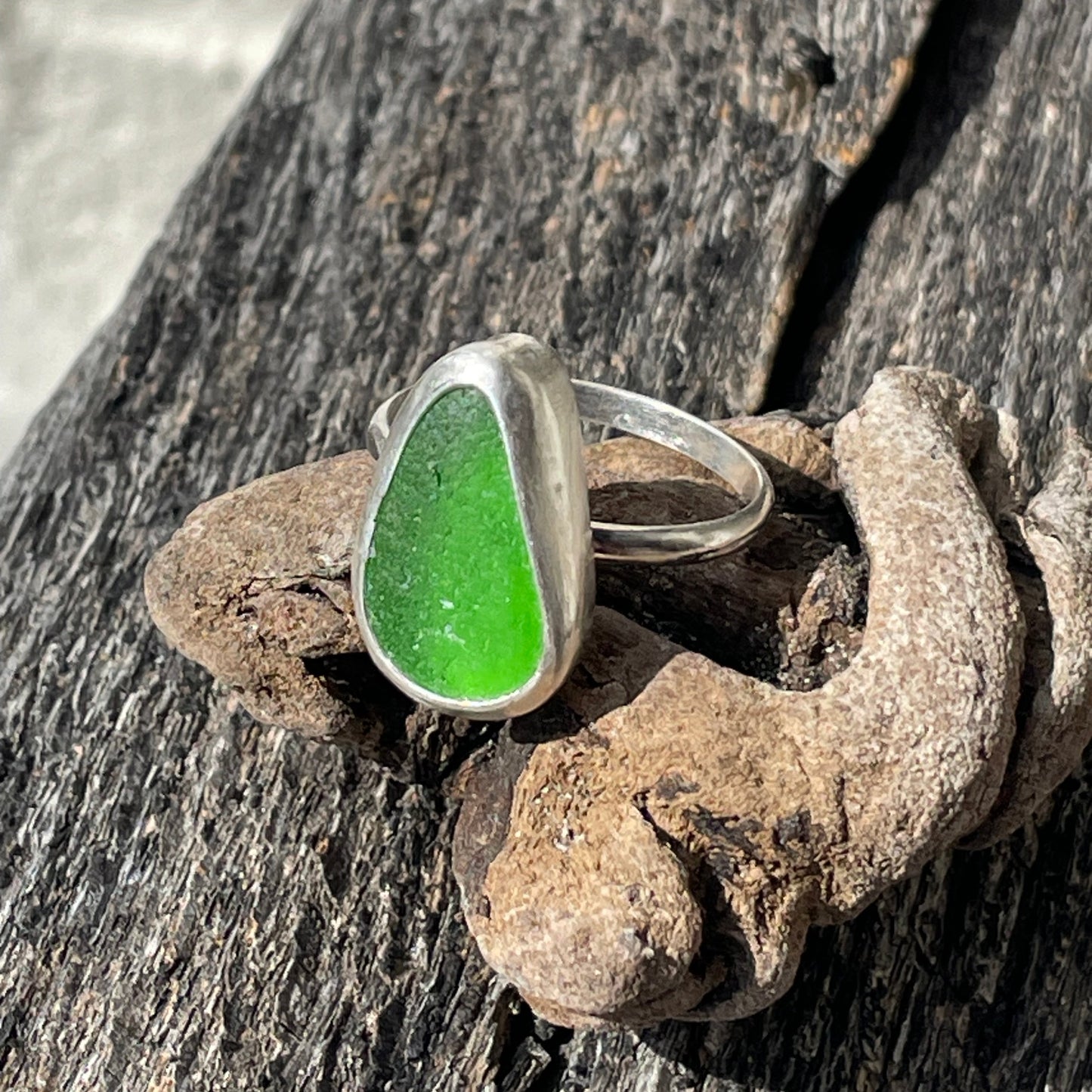 Emerald Green Sea Glass Ring - Size 8
