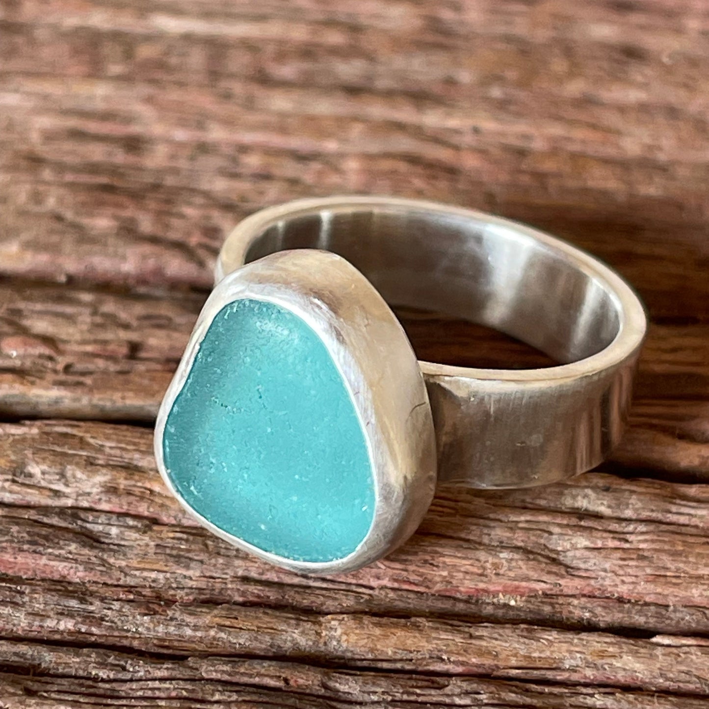 Chunky Teal Blue Sea Glass Ring - Size 9
