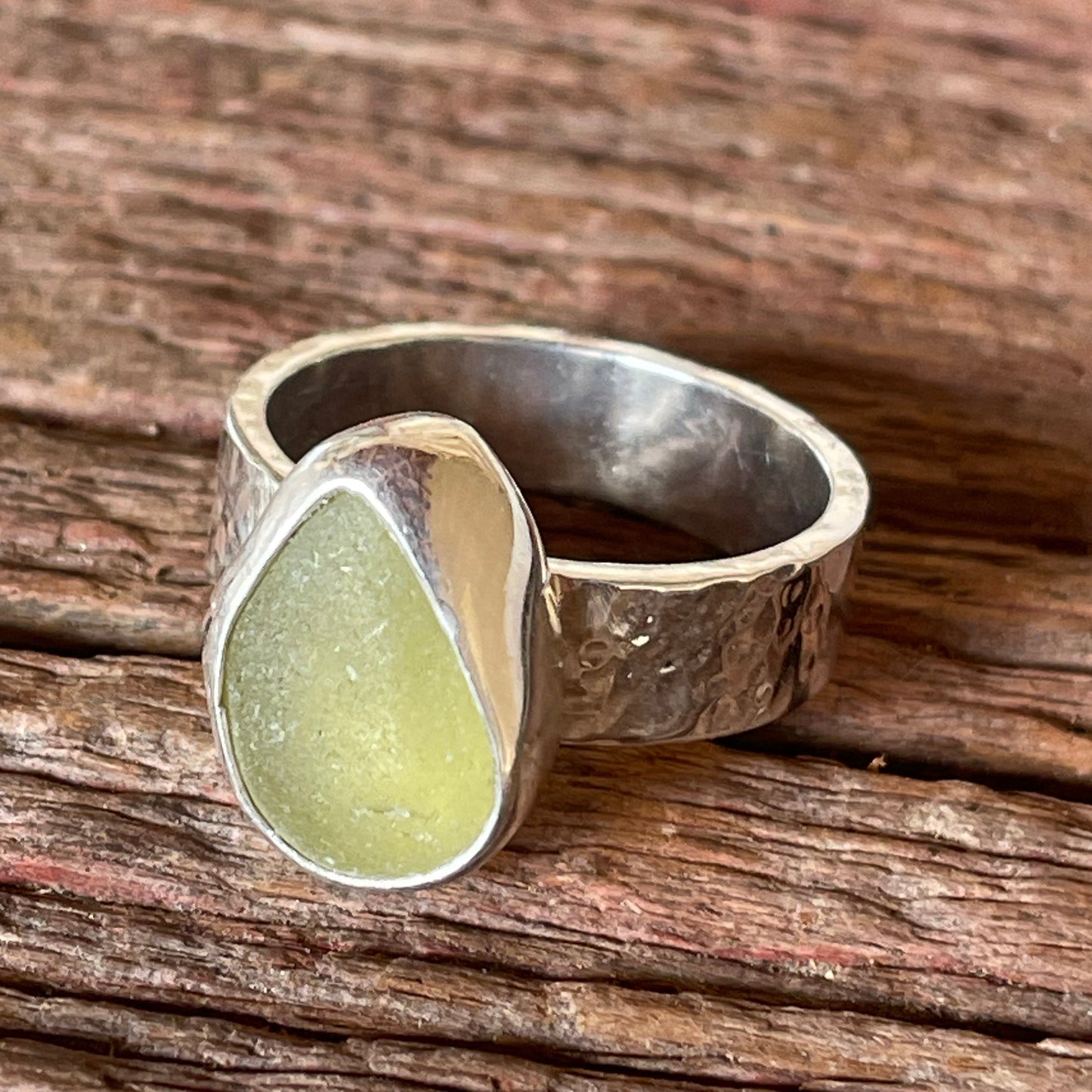 Chunky Olive Yellow Sea Glass Ring - Size 9