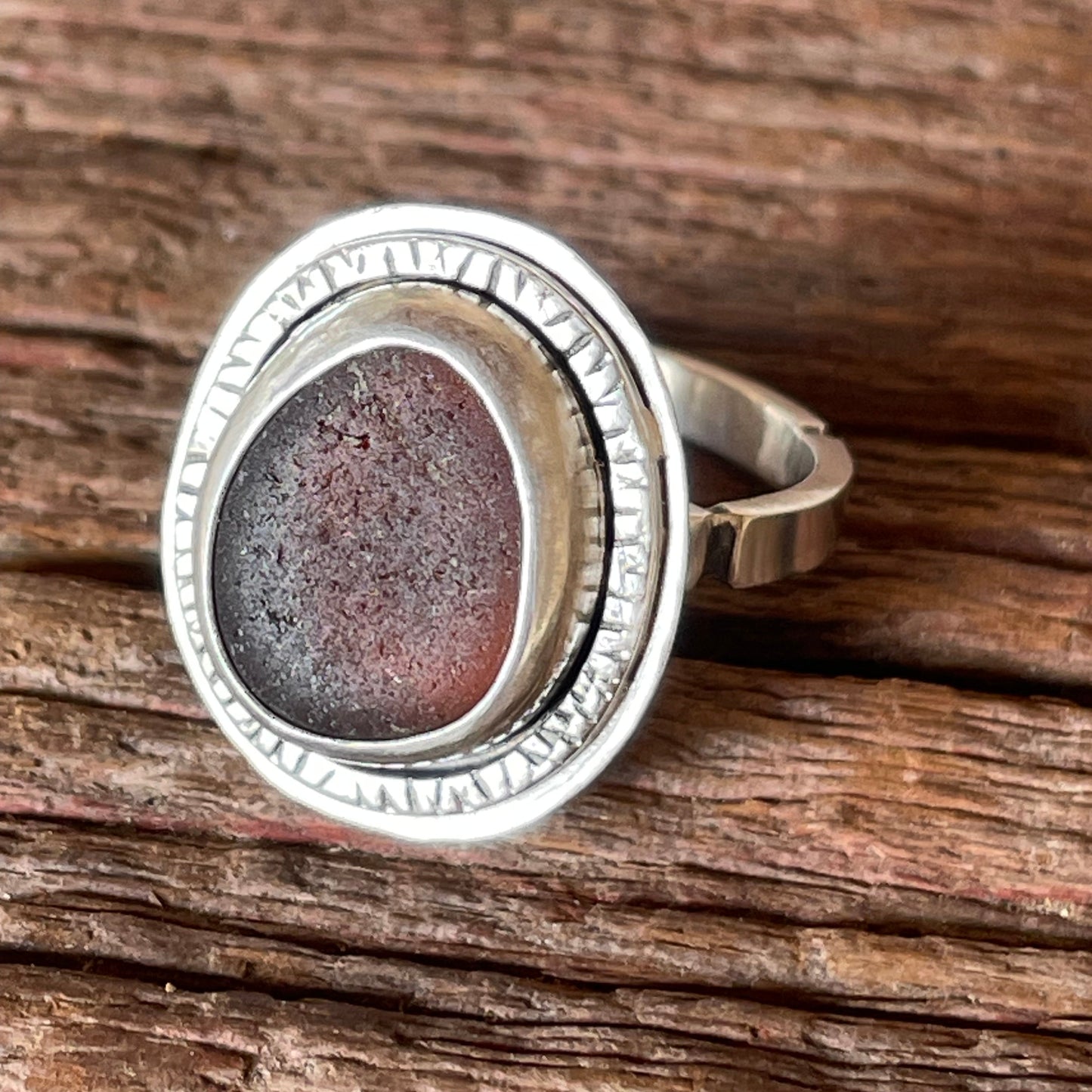Rustic Dark Amber Sea Glass Ring - Size 11.25