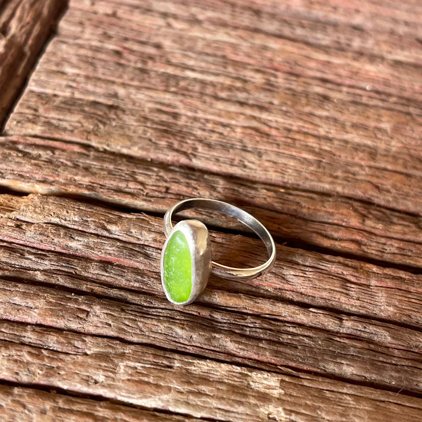 Lime Green Sea Glass Ring - Size 7
