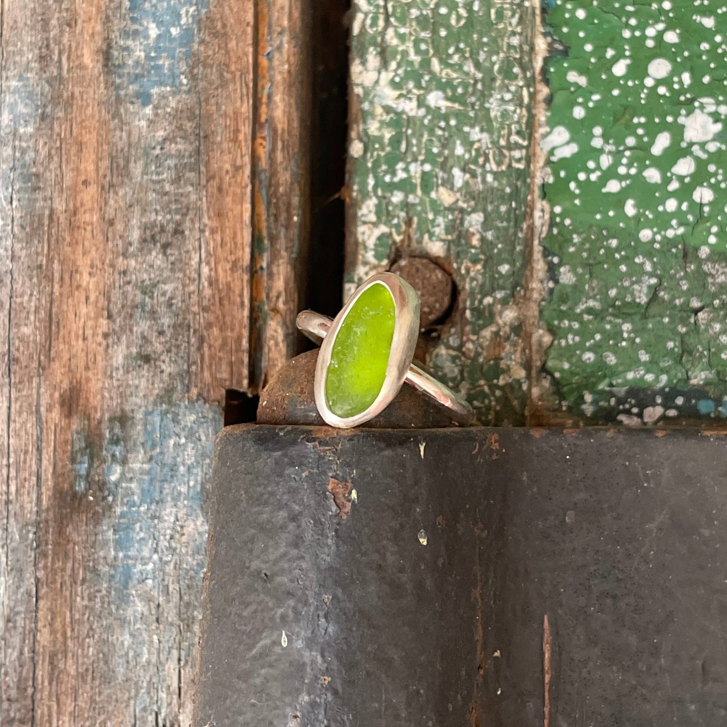 Lime Green Sea Glass Ring - Size 7