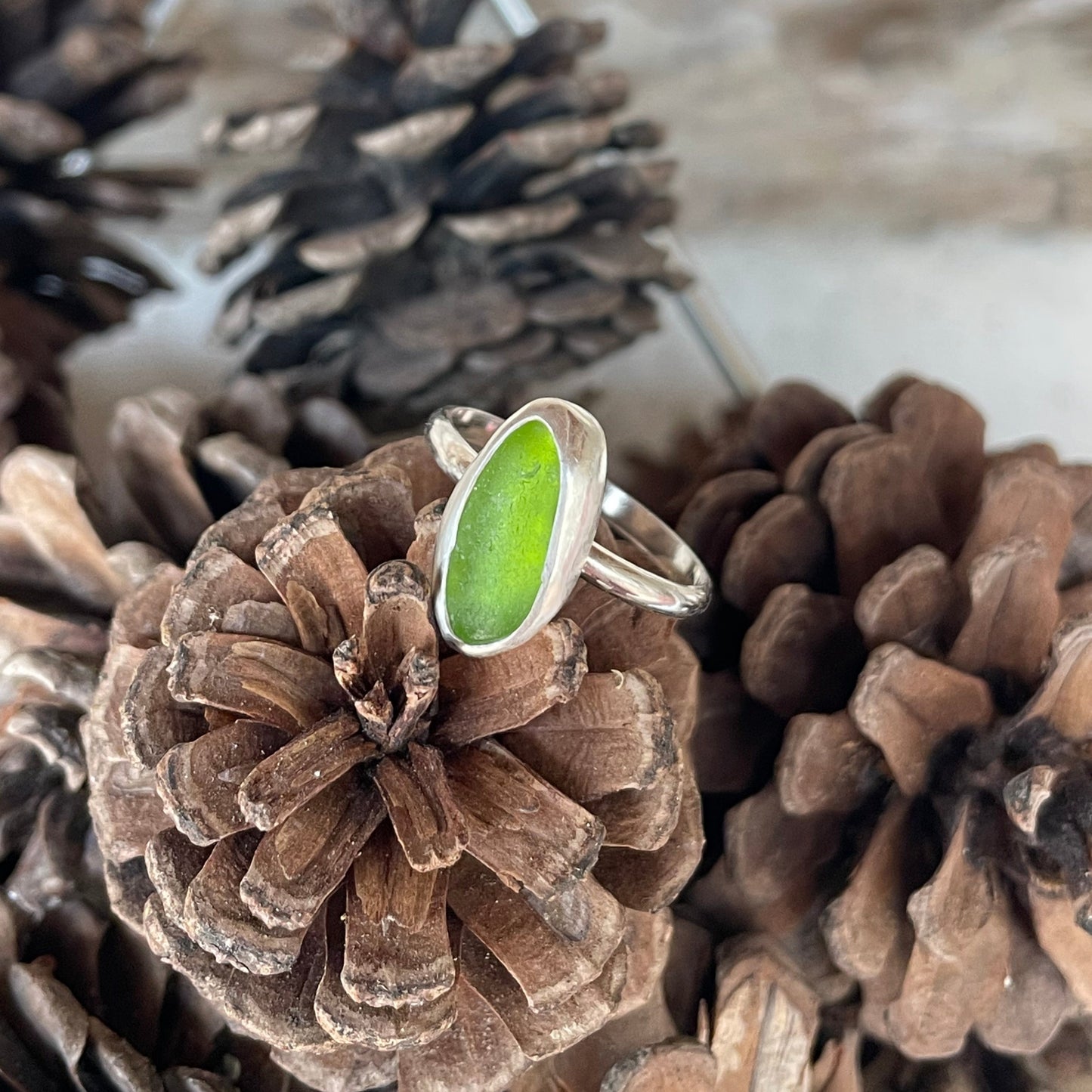 Lime Green Sea Glass Ring - Size 7