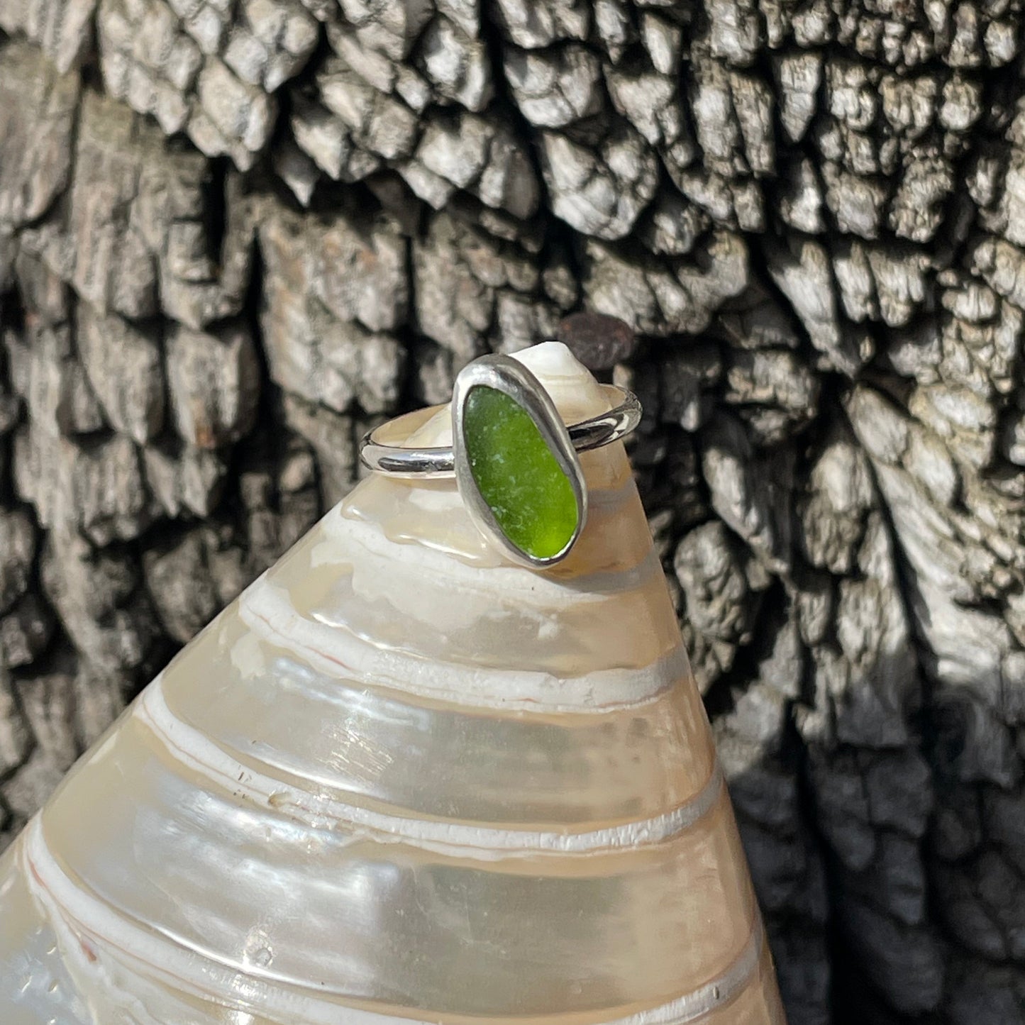Lime Green Sea Glass Ring - Size 7