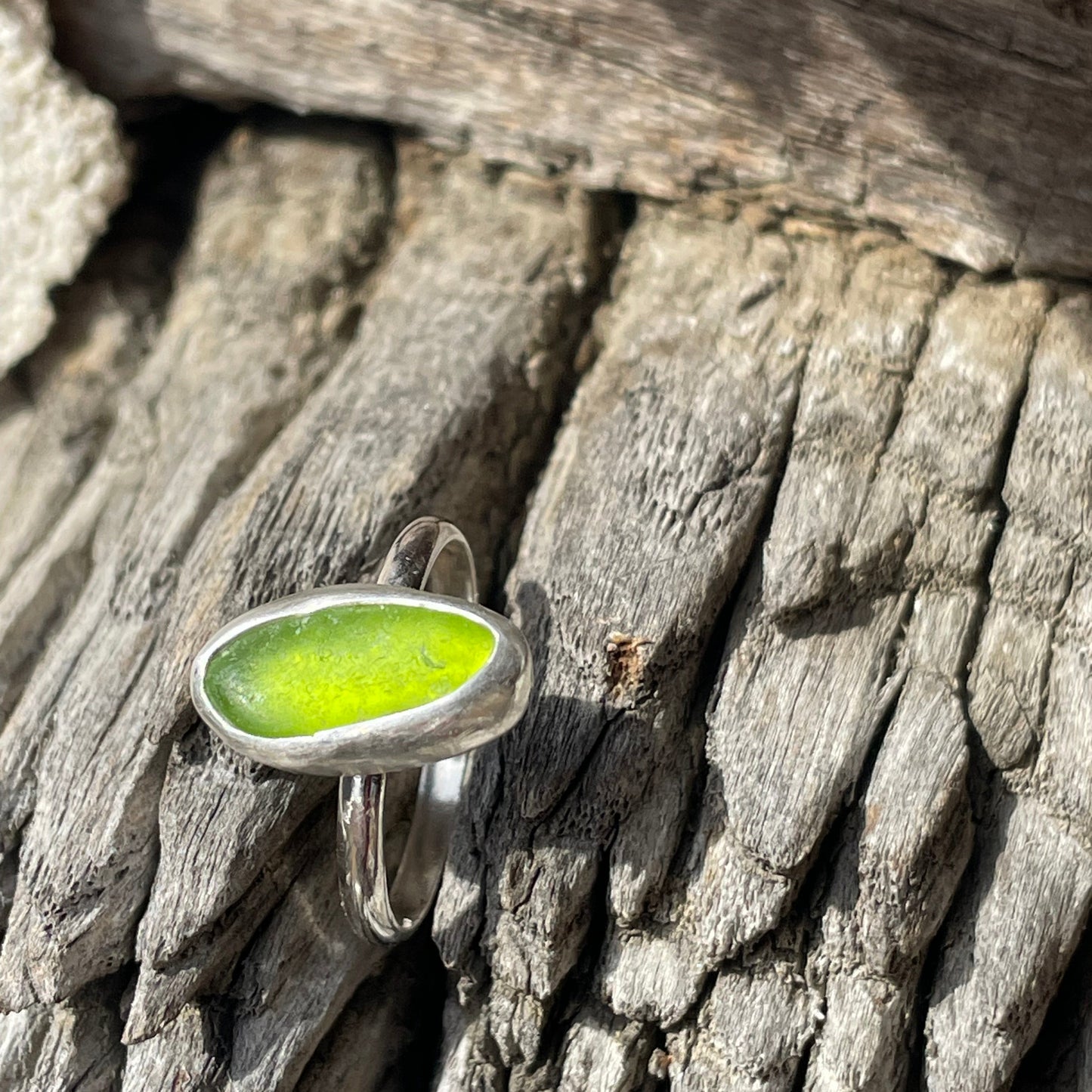 Lime Green Sea Glass Ring - Size 7