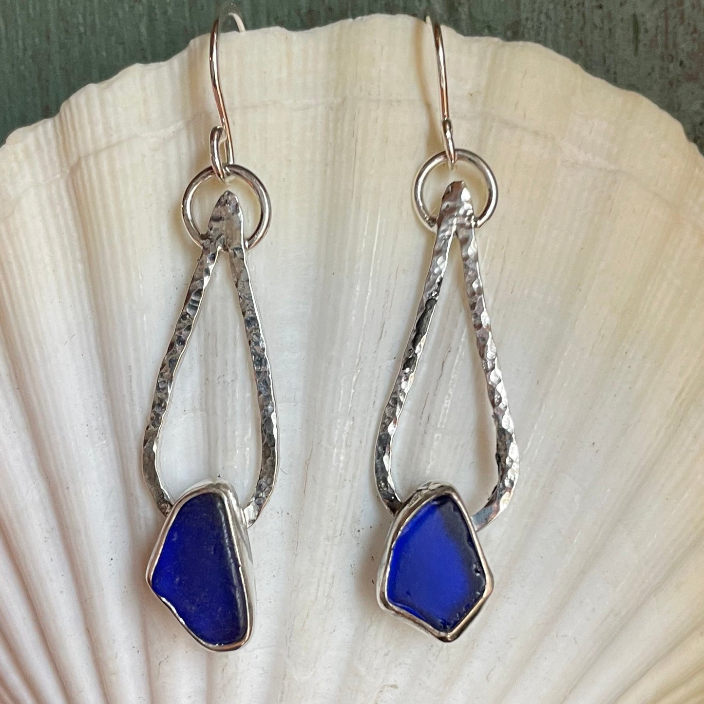Cobalt Blue Sea Glass Dangle Teardrop Earrings